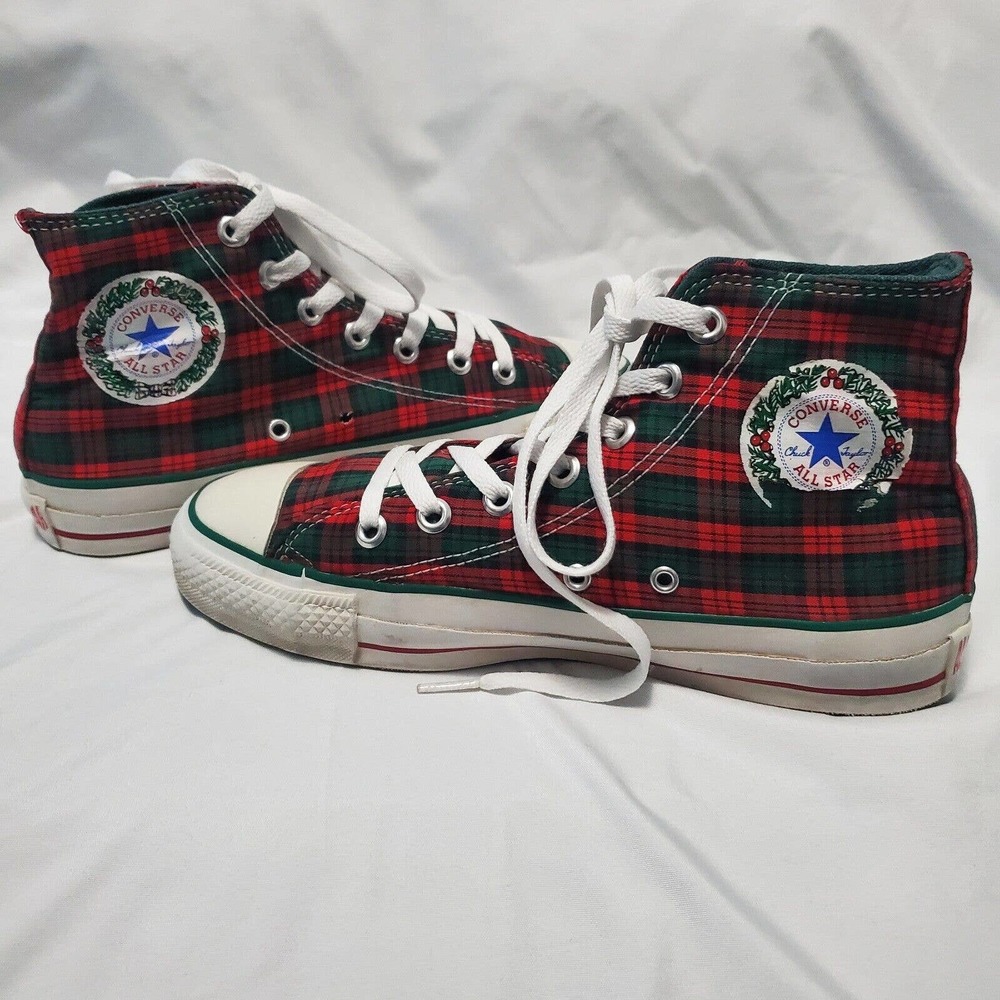 Vintage Converse Chuck Taylor Christmas High Top Shoes Red Green Plaid Mens Sz 6